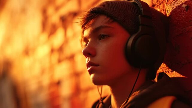 Young boy enjoys music while relaxing against an orange wall at sunset