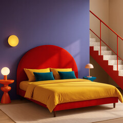 Postmodern Bedroom with Colorful Geometry and Floating Staircase