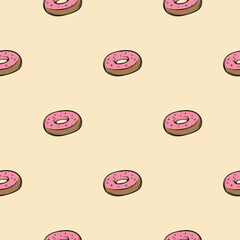 Donut with pink glaze. Vector seamless pattern. Endless background for wrapping paper, print, textile