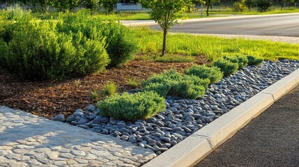 Well-maintained landscaping with gravel borders and varied greenery