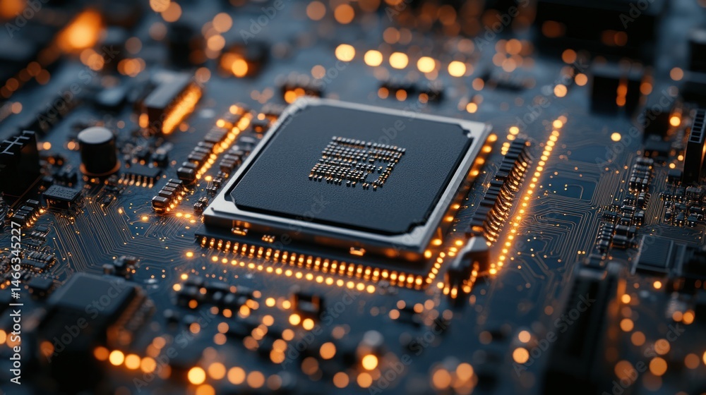 Poster close-up of a computer microprocessor, illuminated circuit board, high-tech components, digital tech
