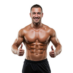 Fototapeta premium Athletic male with defined muscles smiling and giving thumbs up