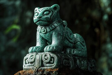 Fototapeta premium Close-up of a jade jaguar statue resting on a carved stone platform with an out-of-focus green background.