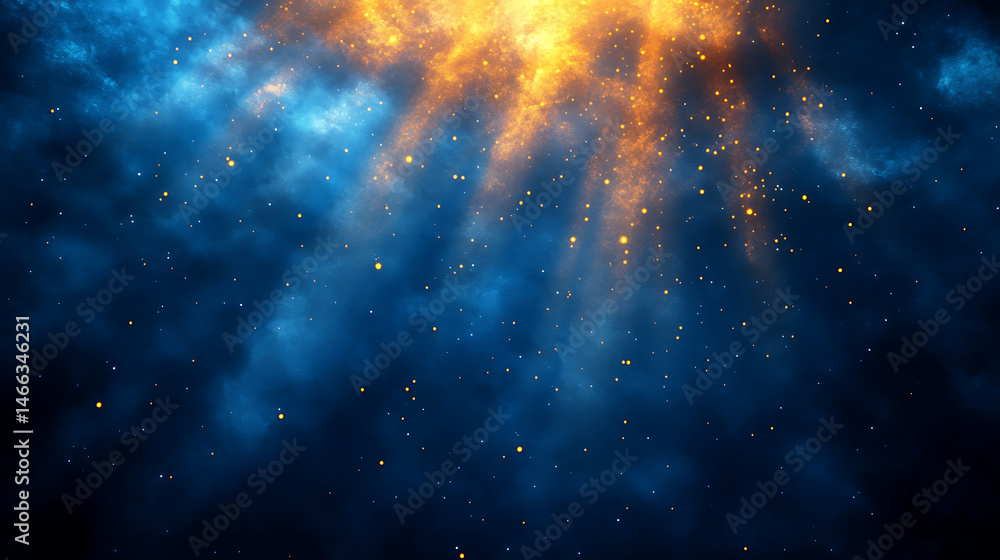 Aufkleber ethereal blue and gold abstract background with sparkling light particles and ray of light illuminat