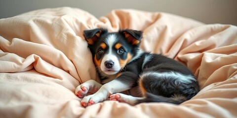 Adorable border collie puppy snuggled on cozy bed, comfortable,  pet portrait
