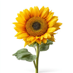 Obraz premium Bright sunflower with vibrant yellow petals and green leaves, isolated on white background, showcasing natural beauty and detailed textures of flower