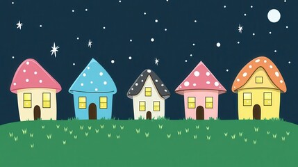 Pixelated whimsical mushroom houses under starry sky nostalgic 8 bit video game scenery creates charming cute cozy home illustration