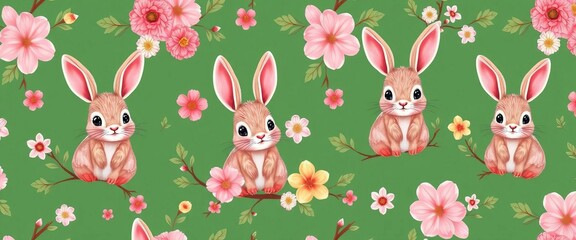 Obraz premium Adorable bunny rabbit, flower, and branch seamless pattern on green background vector illustration, cute bunny, flower