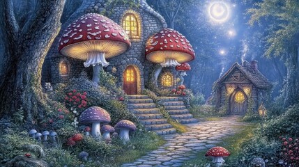 Fototapeta premium Enchanted Mushroom Village Illustration Under Moonlight Whimsical Fairy Tale Fantasy Forest Scenery with Glowing Windows and Magical Atmosphere
