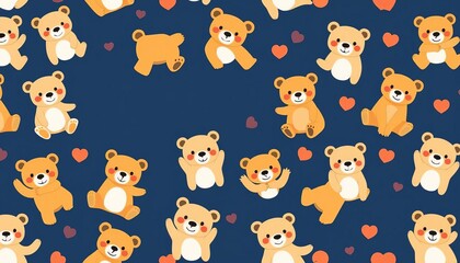 Adorable cartoon bears playfully arranged in a seamless pattern on a navy blue background, woodland, happy