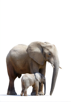 Realistic photograph of large adult elephant and smaller baby elephant standing together on white background, showcasing their textured skin and gentle expressions