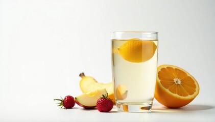Fototapeta premium Glass of water, untouched fruit beside it, white backdrop , health, ritual, spirit