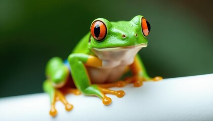 Naklejka premium Green tree frog, perched on white, vibrant skin , rainforest, isolated