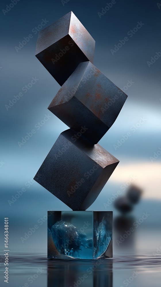 Poster abstract composition of three stacked cubes, seemingly defying gravity, resting on a translucent bas
