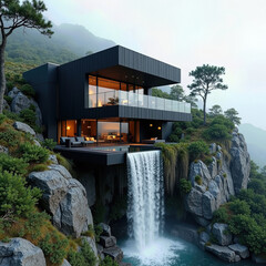 Spectacular Black House with Modern and Art Deco Fusion, Built on a Cliffside Slope Overlooking the Mediterranean, Featuring a Waterfall Pool
