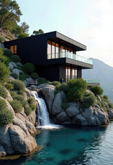 High-Definition Photo of Black Art Deco Modern House Perched on Mediterranean Mountainside with Pool Waterfall Cascading Down the Slope
