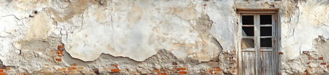 Decaying Stone Wall with Weathered Wooden Window Frame