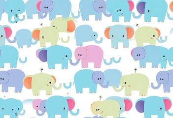 Fototapeta premium Adorable elephants in a repeating flat style pattern, featuring ample white space, seamless, repeat