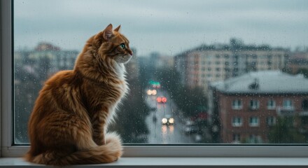 A cat sitting on a windowsill looking out at a rainy city street melancholic mood
