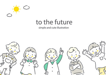 自信を持って明るい未来を目指す子供たちのフレーム　シンプルでかわいい線画イラスト