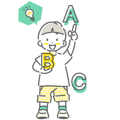 英語の勉強にワクワクする小学生　シンプルでかわいい線画イラスト