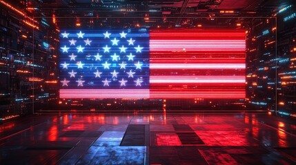 A national flag made entirely out of LED lights in a futuristic setting