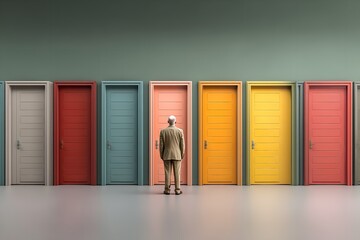 Fototapeta premium Businessman Facing Ten Colorful Doors in Modern Interior, Symbolizing Life Choices and Career Decisions