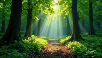 Obraz premium Sun-dappled forest floor, lush greenery, dappled light, shadows , rays, bright