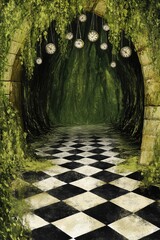A surreal, overgrown archway, lined with hanging clocks, leading into a lush, time-warped tunnel