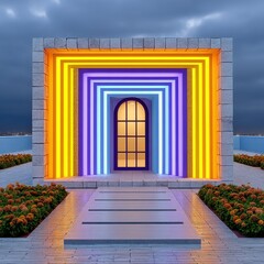 Fototapeta premium Multicolored neon lights frame a doorway leading into a building. The structure is cube shaped, with stone walls and a wet looking pathway