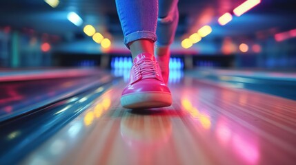 Fototapeta premium Bowling Night Fun: Pink Shoes on the Lane