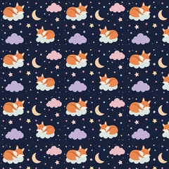 Seamless vector pattern featuring a cute sleeping fox on a cloud, surrounded by stars, crescent moons, and pastel clouds. Ideal for baby textiles, nursery prints, pajamas, wrapping paper