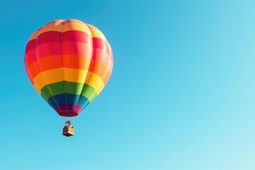 Obraz premium Vibrant rainbow colored balloons float against a clear blue sky , outdoor, bright background