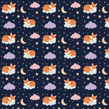 Seamless vector pattern featuring a cute sleeping fox on a cloud, surrounded by stars, crescent moons, and pastel clouds. Ideal for baby textiles, nursery prints, pajamas, wrapping paper