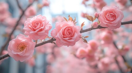Delicate Pink Roses in Full Bloom: A Close-Up View of Nature's Beauty
