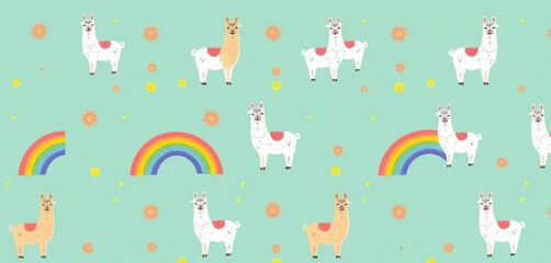 Adorable llama and rainbow seamless pattern Vibrant, cheerful design, perfect for textile or background, illustration, background