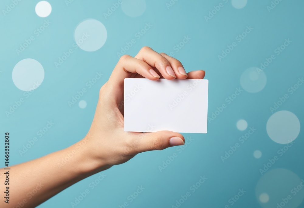 Poster a hand holds a blank white card against a blue background with soft circular light effects