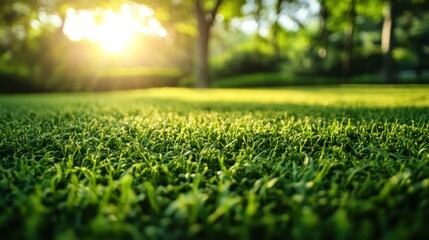 Naklejka premium Lush green grass field bathed in golden sunlight