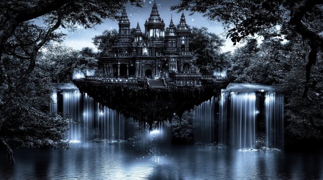 Ephemeral floating citadel above cascading waterfalls a fantasy realm of ancient architecture shrouded in mystery and timeless beauty