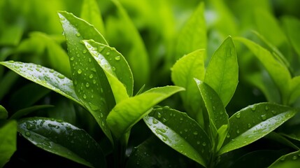 Fototapeta premium Close-Up of Fresh Green Tea Leaves on a Natural Background with Soft FocusBotanical Detail and Minimalist Composition