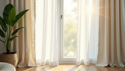 Soft ivory linen curtains, natural light, gentle waves, cream, window, linen