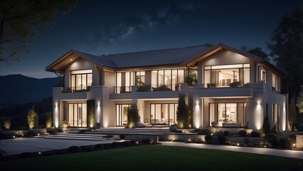 Luxury home at night with soft exterior lighting and a calm, starry sky backdrop 