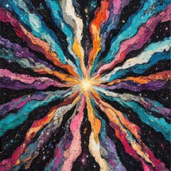 Cosmic explosion radiating vibrant colors through deep space.  Layers of paint create flowing streaks and nebulae around a central sun-like point.  Stars pepper the dark background