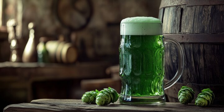 Close up of green beer in a glass mug with hops against a rustic wooden background