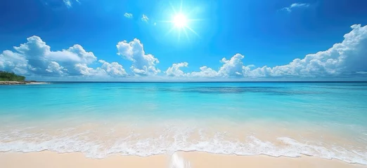 Tableau sur plexiglas Plage et Mer Bright sunlight shines above a tropical sandy beach meeting the clear turquoise sea water  © Shahida