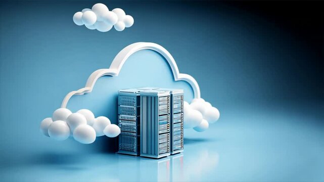 3D render of cloud server glowing in blue background showing sase platform, data storage security, privacy, and protected cloud access