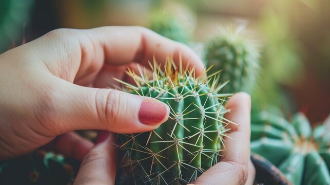 Close up of hand gently touching sharp cactus spines with people taking care of the prickly plant in the background