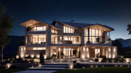 Luxury home at night with soft exterior lighting and a calm, starry sky backdrop 