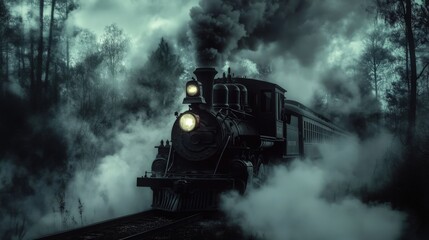 A vintage steam locomotive through a misty forest at night.