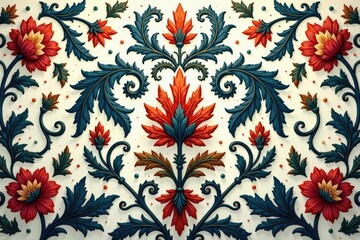 Symmetrical leaf and vine damask, subtle shading , ornate, leaf